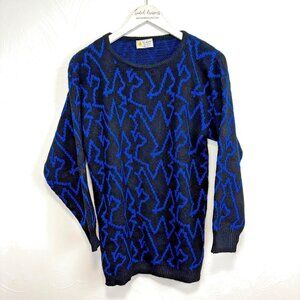 Vintage El Mar California Sweater 1990s Geometric Electric Blue Black Pullover